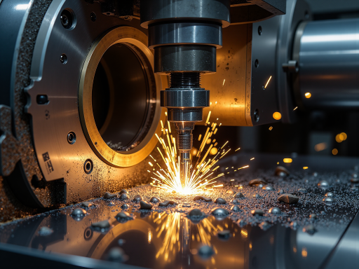 Close-up detail of a CNC machine tool cutting metal, sparks flying, industrial workshop environment