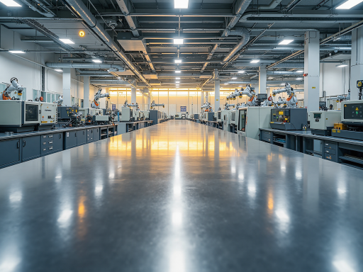 Modern manufacturing facility with CNC machines, metal parts, industrial setting, bright lighting